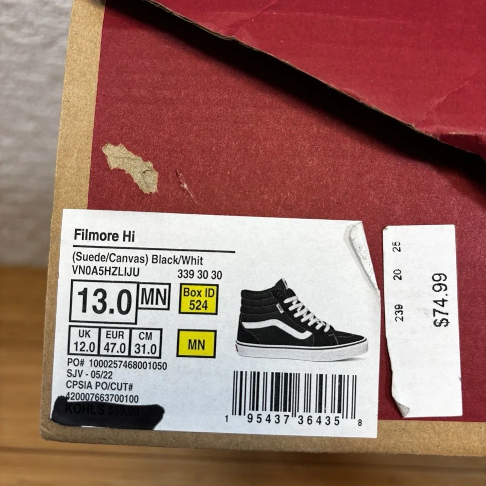VANS Filmore Hi Suede Canvas Black White Men's Size 13 Skate Sneakers